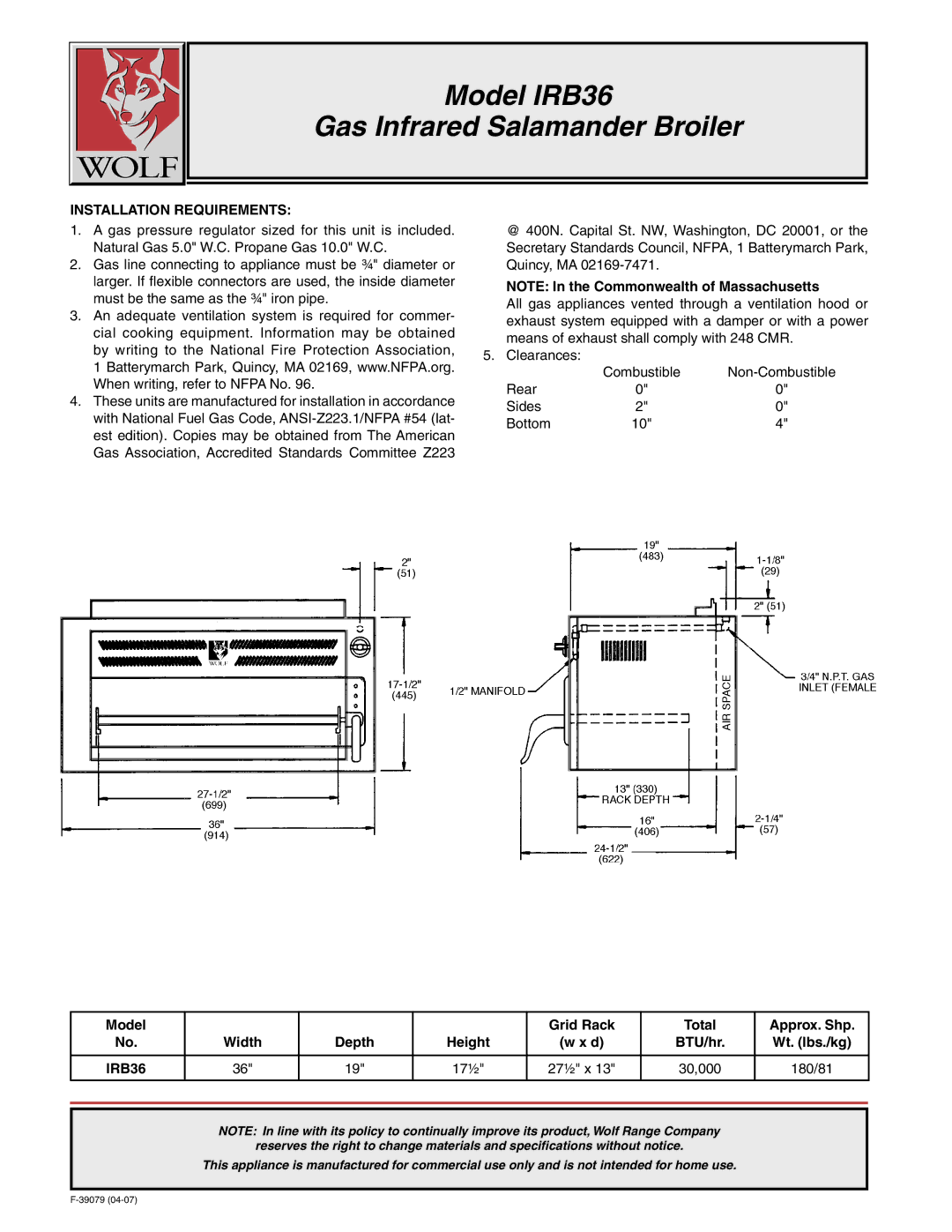 Wolf warranty Model IRB36 Gas Infrared Salamander Broiler, Installation Requirements, 17½ 27½ x 