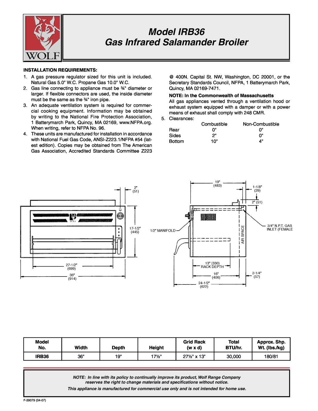 Wolf warranty Model IRB36 Gas Infrared Salamander Broiler 