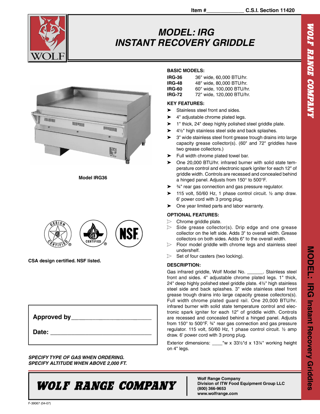 Wolf IRG-36, IRG-60, IRG-72, IRG-48 warranty Approved by Date, Model IRG Instant Recovery Griddles 