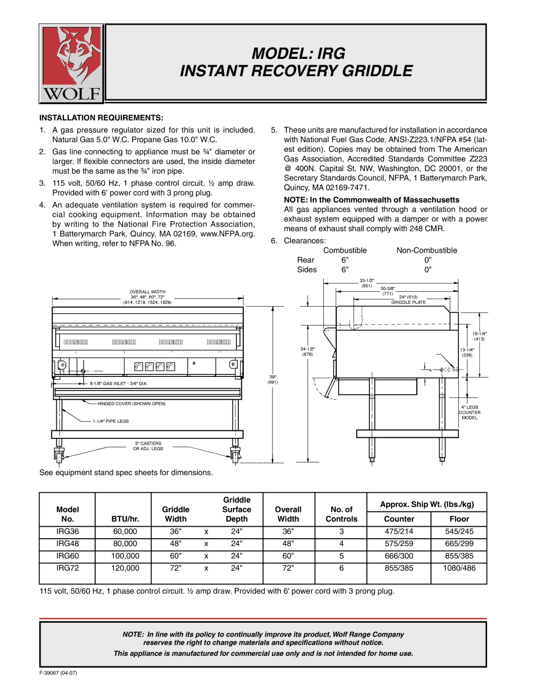 Wolf IRG-72, IRG-60, IRG-36, IRG-48 warranty Installation Requirements, Griddle Approx. Ship Wt. lbs./kg Model 