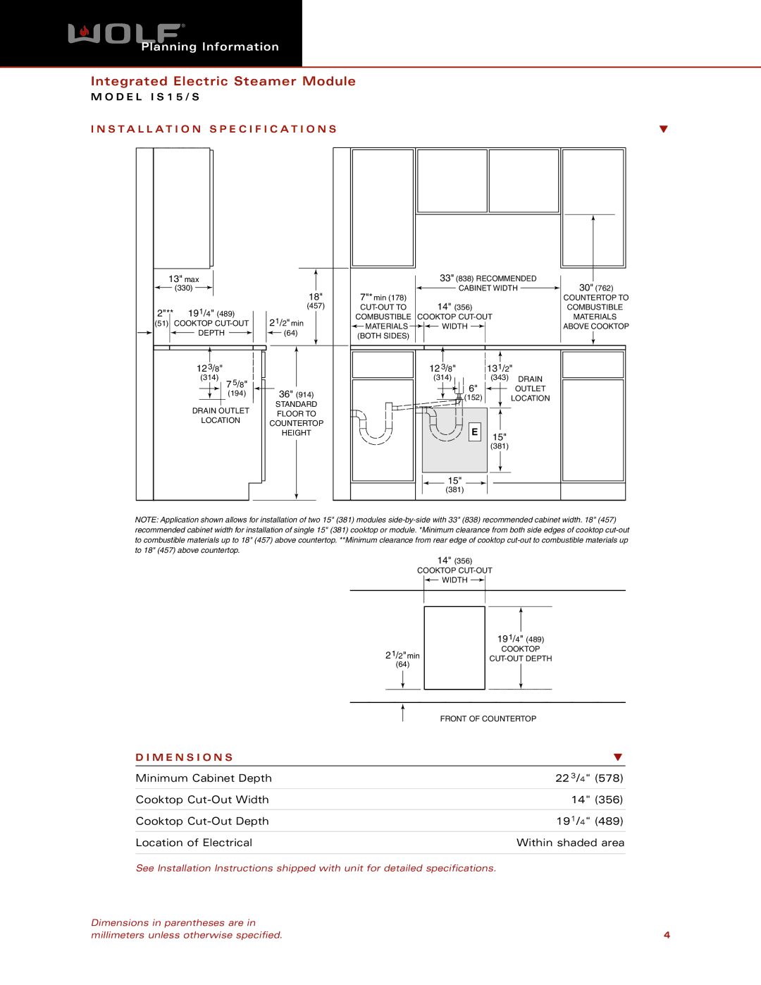 Wolf IS15/S dimensions Installation Specification S, M E N S I O N S 