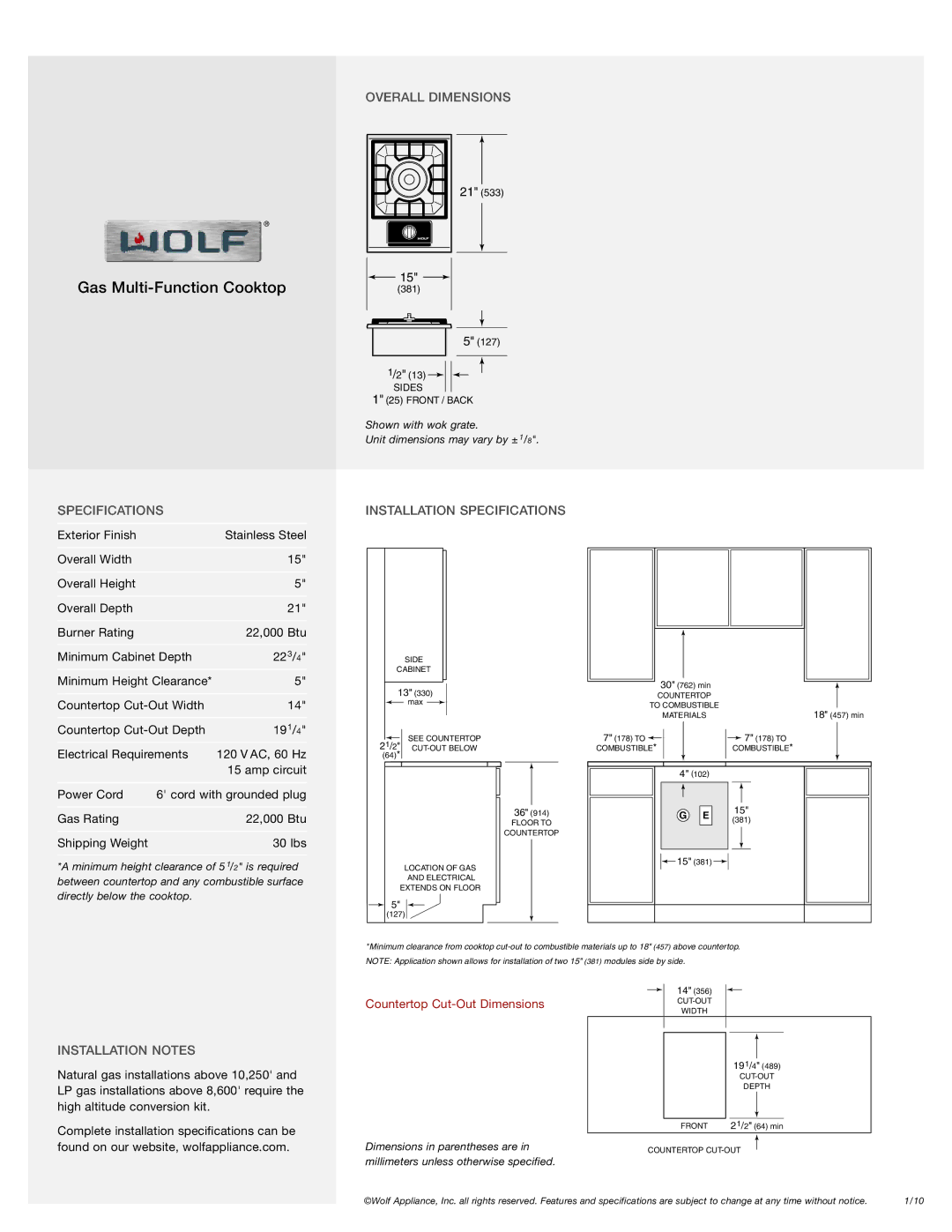 Wolf M15/S manual Overall Dimensions, Specifications Installation Specifications, Installation Notes 