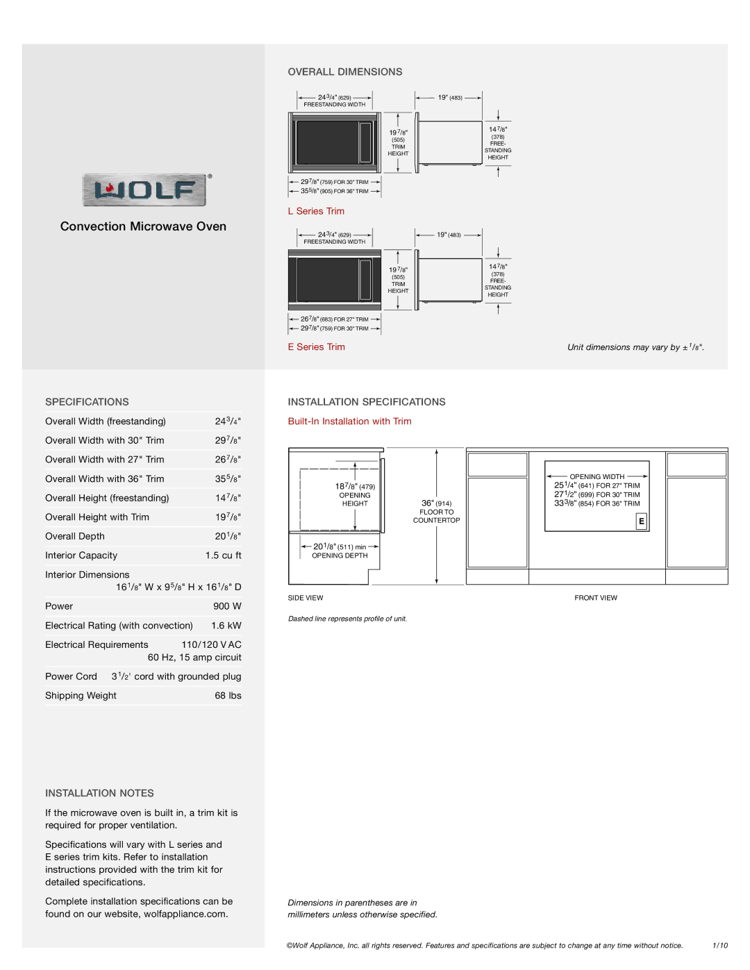 Wolf Microwave Oven manual Overall Dimensions, Installation Specifications, Installation Notes 