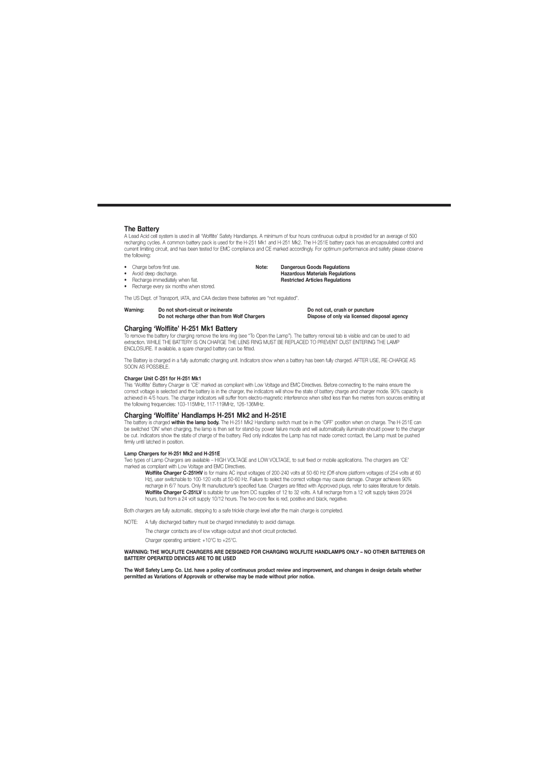 Wolf MK2, MK1 manual Charging ‘Wolflite’ H-251 Mk1 Battery, Charging ‘Wolflite’ Handlamps H-251 Mk2 and H-251E 