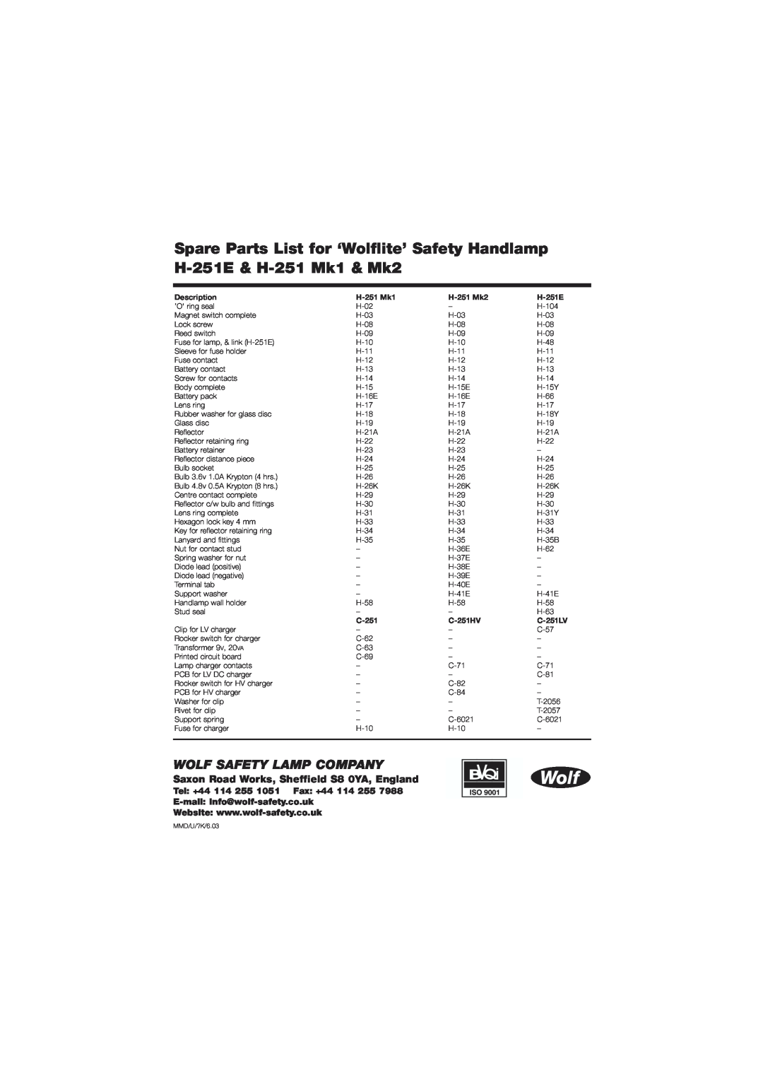 Wolf H-251E, MK2, MK1 Saxon Road Works, Sheffield S8 0YA, England, Wolf Safety Lamp Company, Tel +44 114 255 1051 Fax +44 