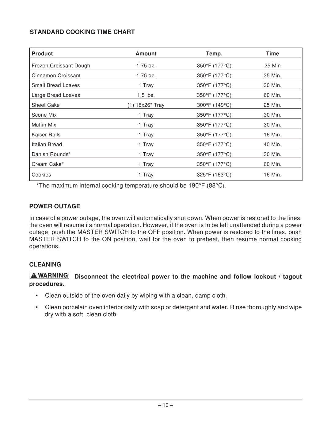 Wolf ML-136825 owner manual Standard Cooking Time Chart, Power Outage, Cleaning 