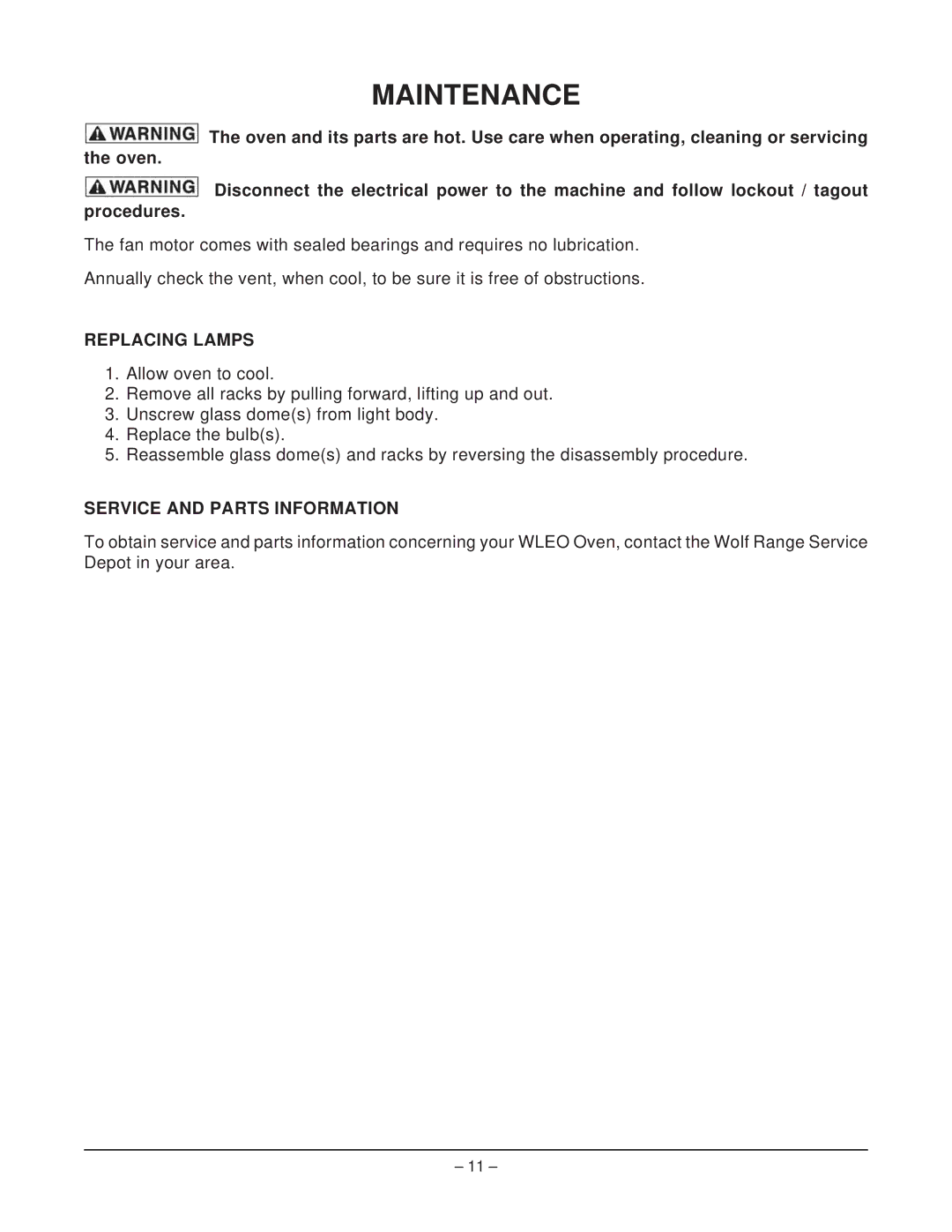 Wolf ML-136825 owner manual Maintenance, Replacing Lamps, Service and Parts Information 