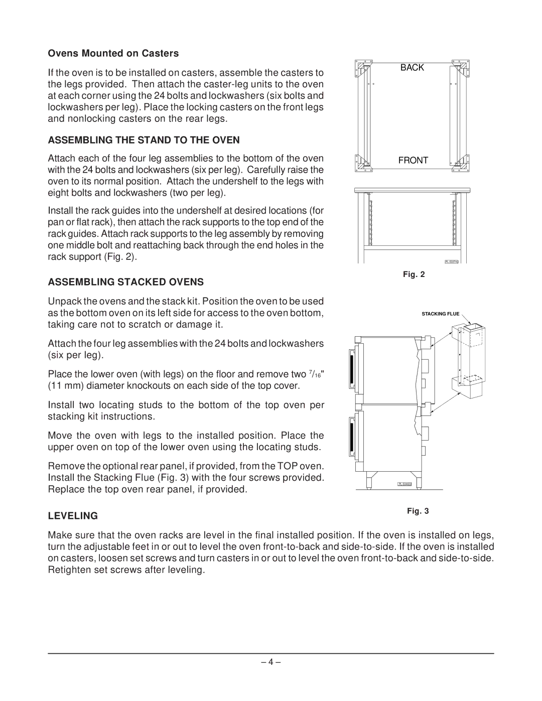 Wolf ML-136825 owner manual Ovens Mounted on Casters, Assembling the Stand to the Oven, Assembling Stacked Ovens, Leveling 