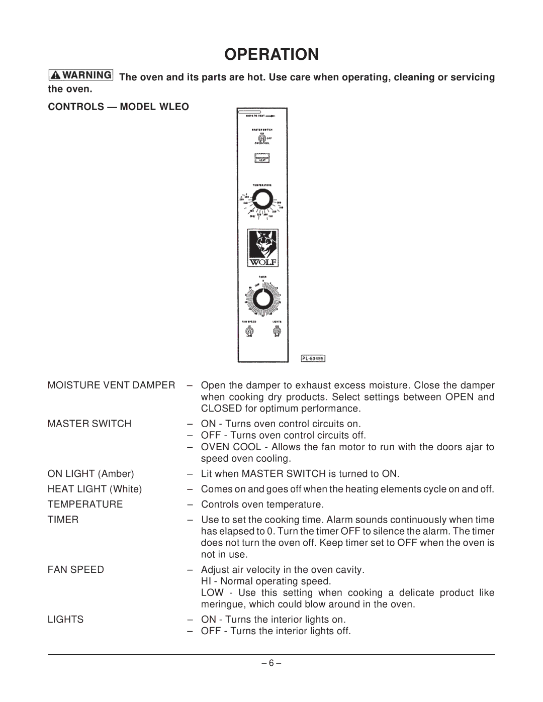 Wolf ML-136825 owner manual Operation, Controls Model Wleo 