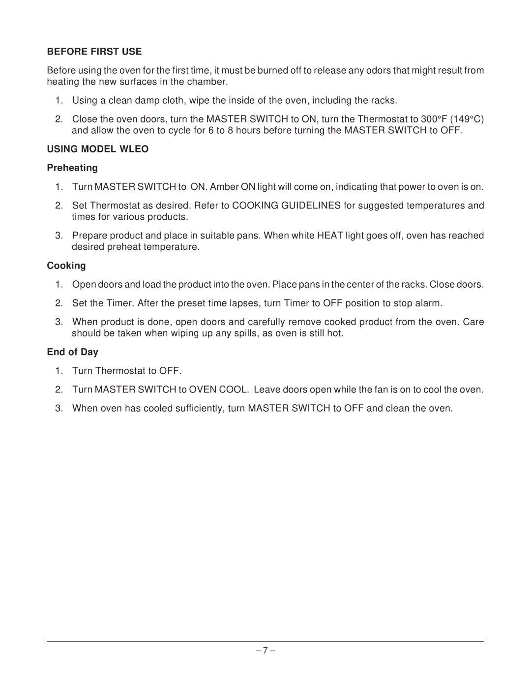 Wolf ML-136825 owner manual Before First USE, Using Model Wleo, Preheating, Cooking, End of Day 