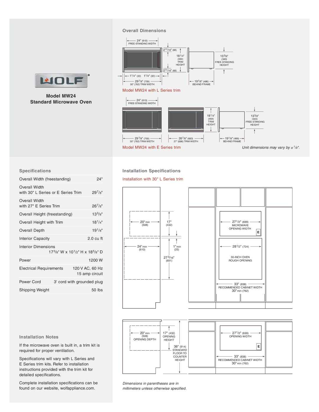 Wolf MW24 manual Overall Dimensions, Installation Notes, Installation Specifications 