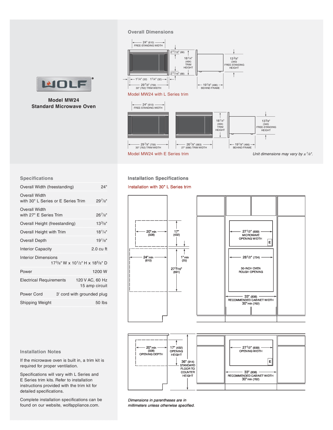 Wolf manual Overall Dimensions, Installation Notes, Installation Specifications, Model MW24 Standard Microwave Oven 
