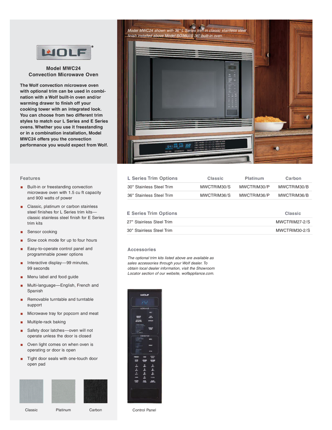 Wolf MWC24 manual Features, Series Trim Options Classic, Accessories 