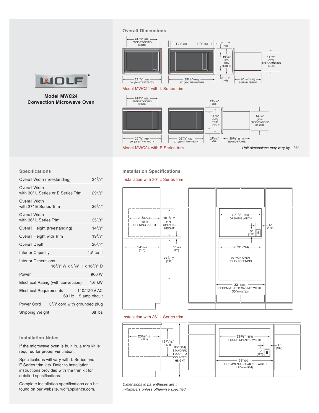 Wolf MWC24 manual Overall Dimensions, Installation Notes, Installation Specifications 