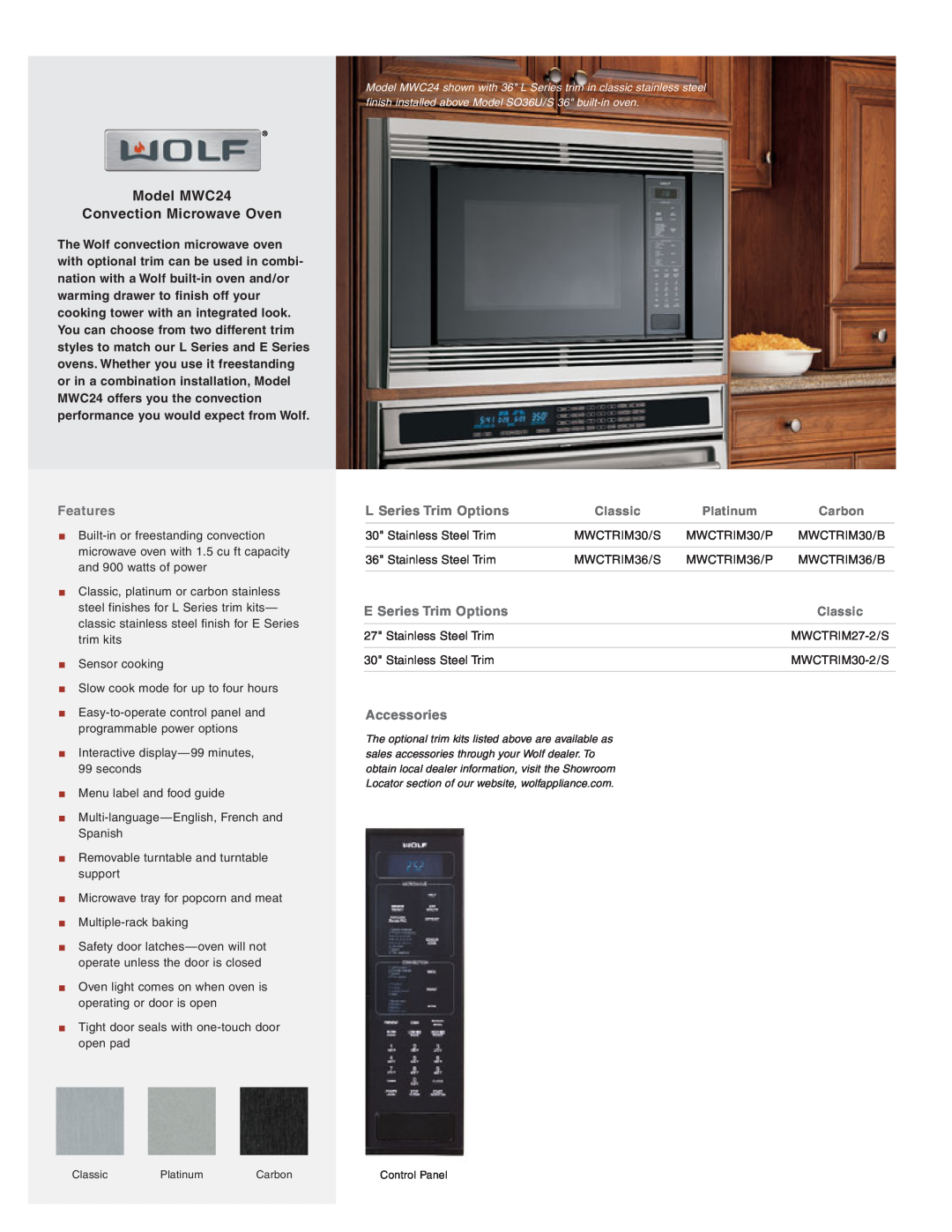 Wolf manual Model MWC24 Convection Microwave Oven, Features, L Series Trim Options, E Series Trim Options, Classic 