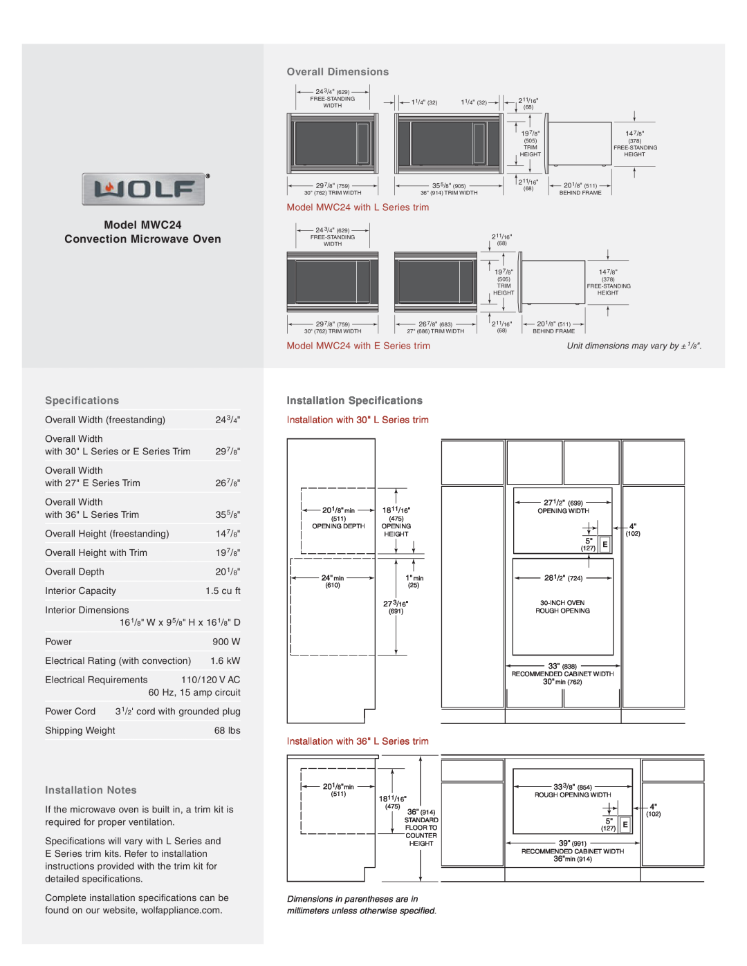 Wolf manual Model MWC24, Convection Microwave Oven, Overall Dimensions, Specifications, Installation Notes 