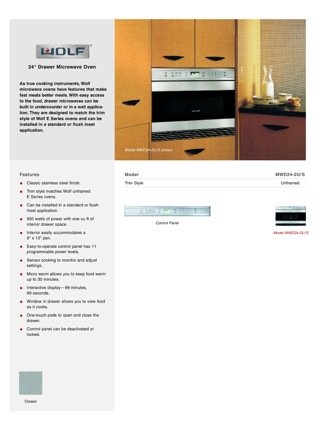 Wolf MWD24-2U/S manual Drawer Microwave Oven, Features Model MWD24-2U/ S, Control Panel, Classic 