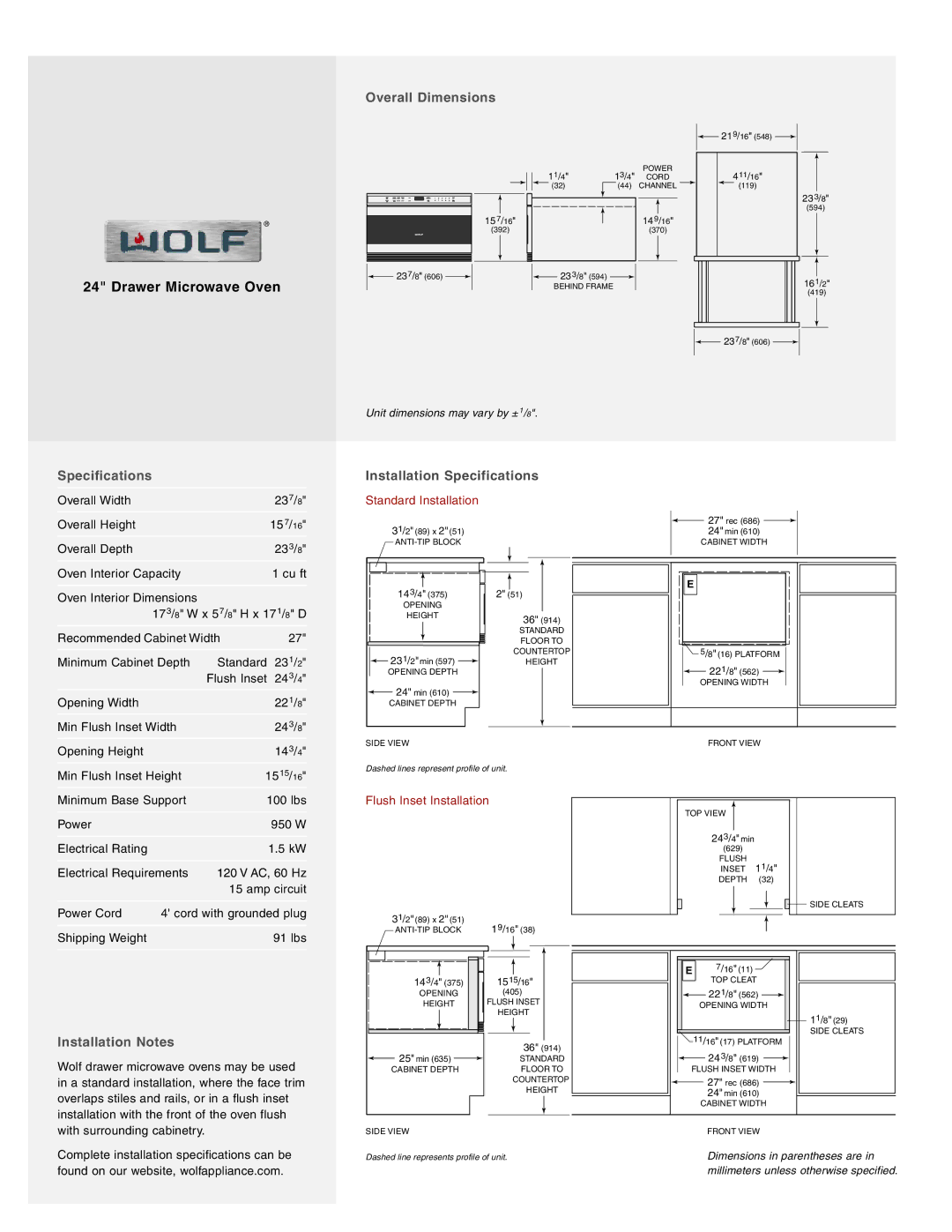 Wolf MWD24-2U/S manual Overall Dimensions, Installation Specifications, Installation Notes 