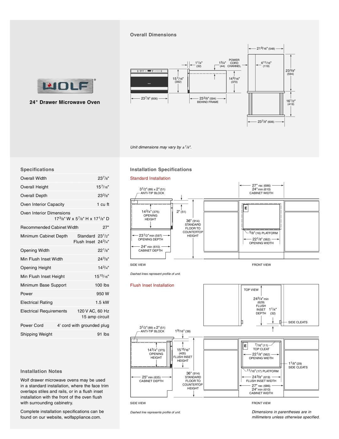 Wolf MWD24-2U/S manual Overall Dimensions, Installation Specifications, Installation Notes, Drawer Microwave Oven 