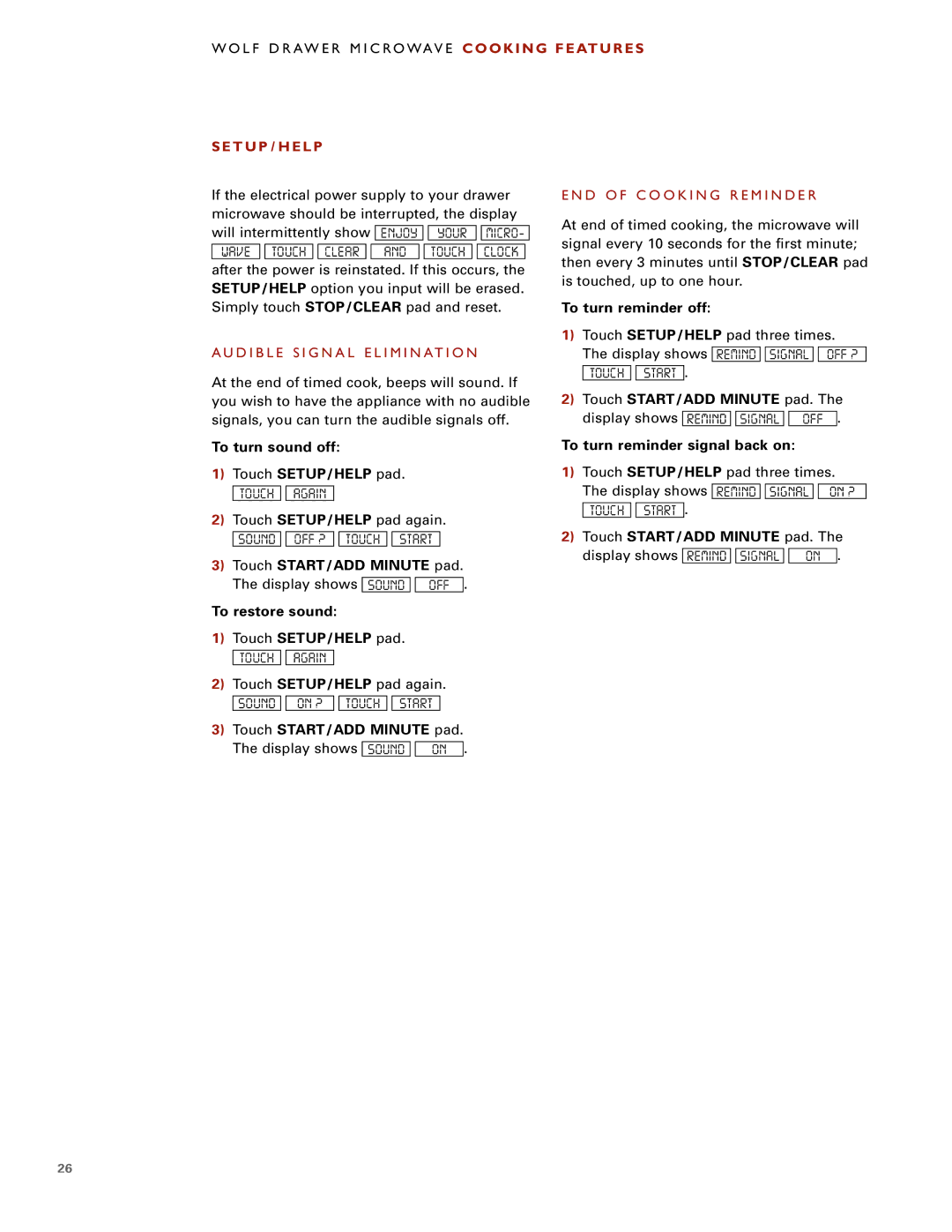 Wolf MWD30-2U/S manual To turn sound off Touch SETUP/HELP pad, To restore sound Touch SETUP/HELP pad, To turn reminder off 