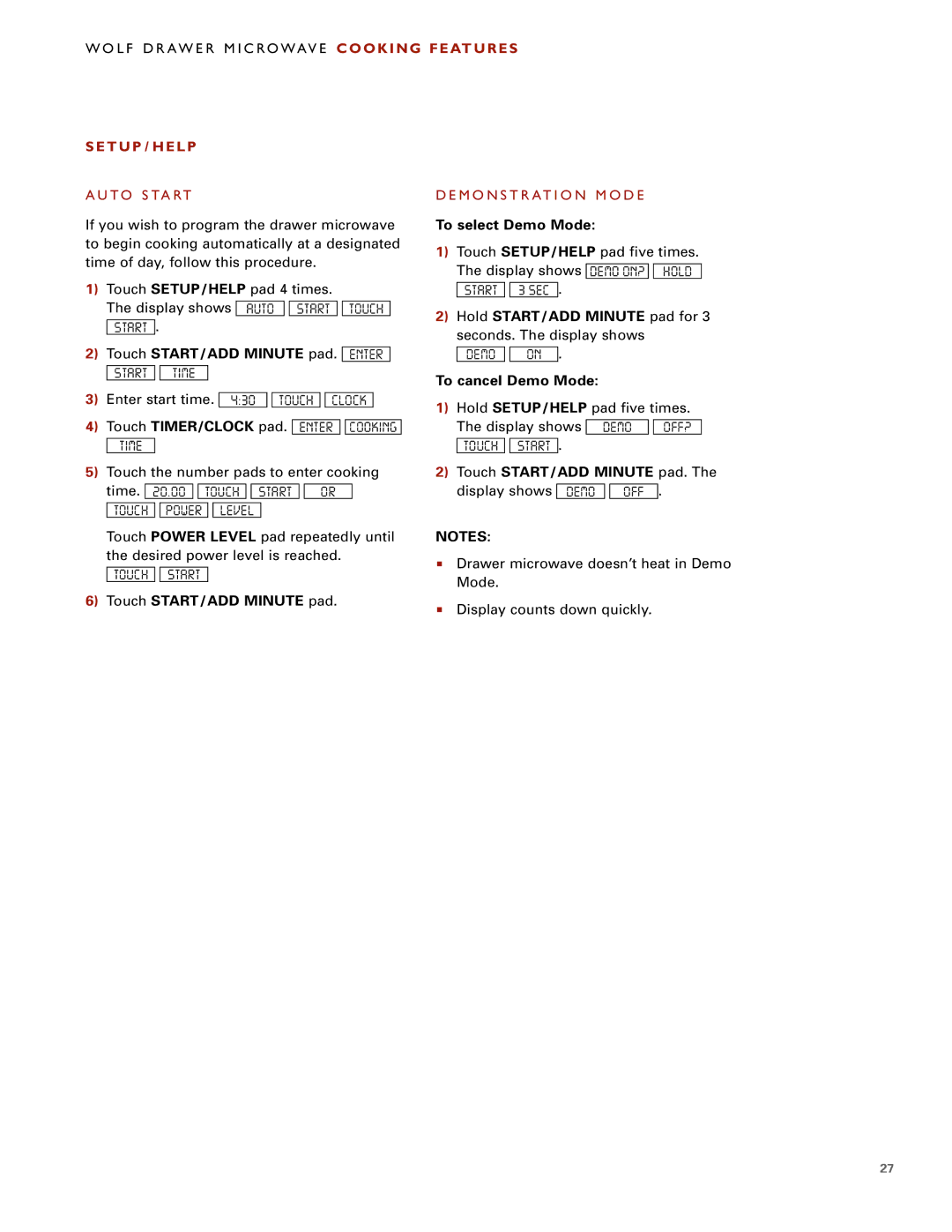 Wolf MWD30-2F/S, MWD30-2U/S Se Tu P / Hel P, Touch START/ADD Minute pad. Enter, To select Demo Mode, To cancel Demo Mode 