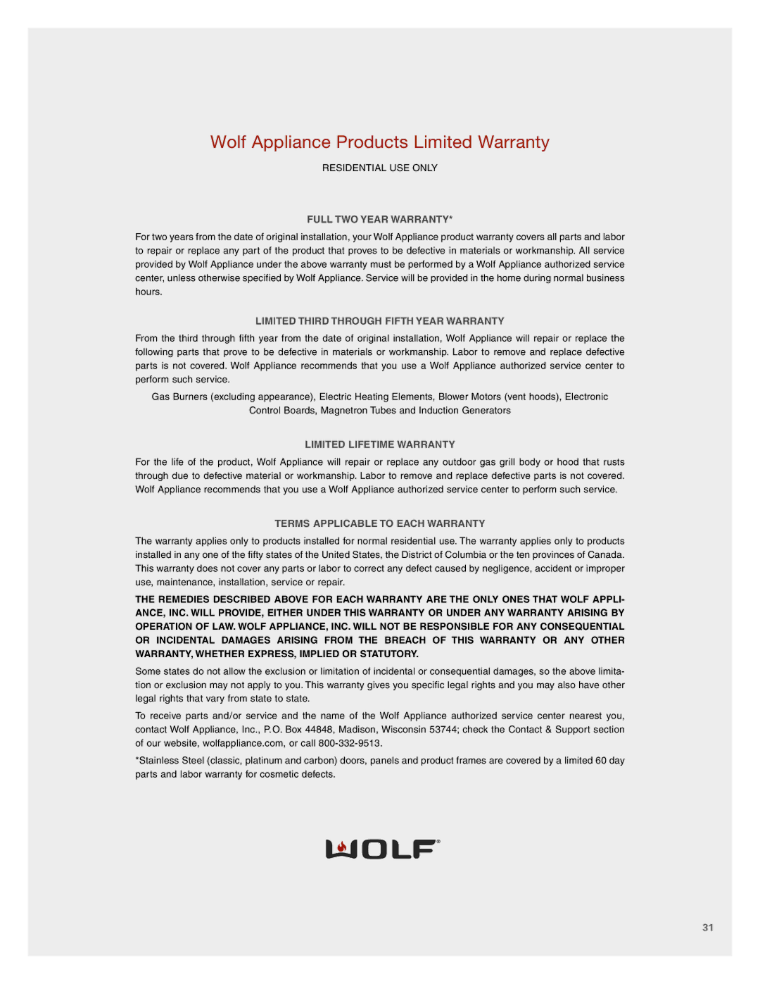 Wolf MWD30-2F/S, MWD30-2U/S manual Wolf Appliance Products Limited Warranty 