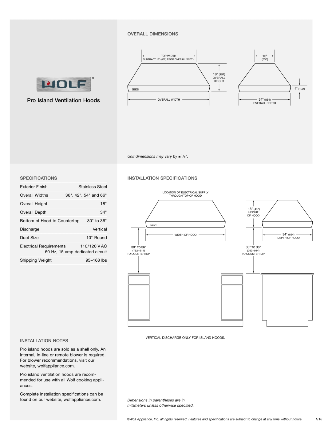 Wolf PI663418 manual Overall Dimensions, Installation Specifications, Installation Notes, Pro Island Ventilation Hoods 