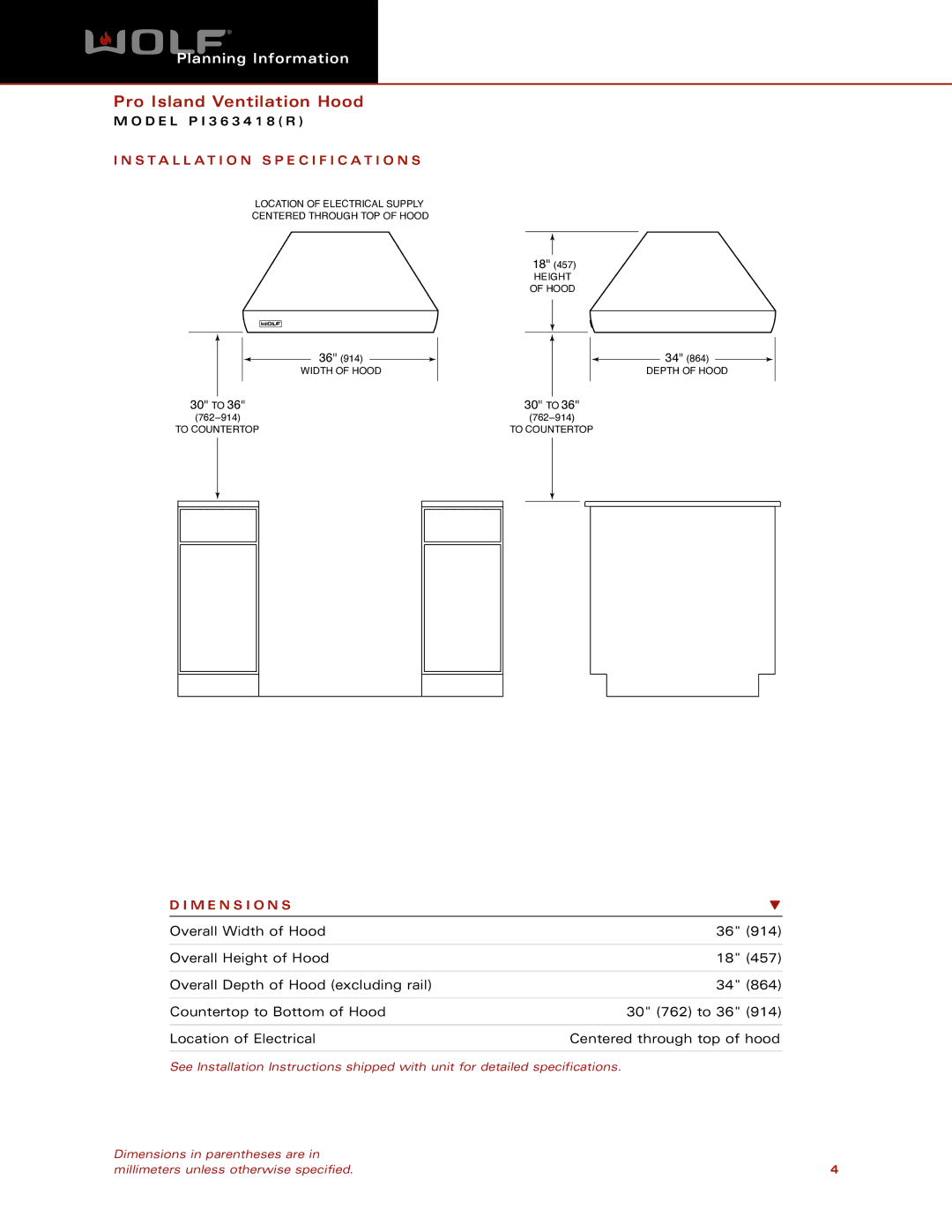 Wolf PI363418 dimensions Installation Specification S, M E N S I O N S 