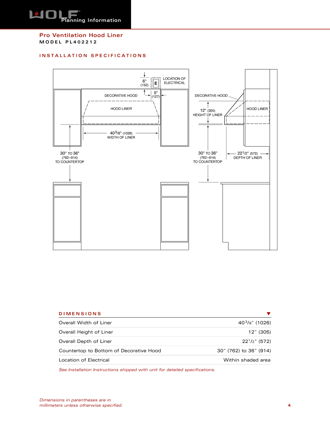 Wolf PL402212 dimensions Installation Specification S, M E N S I O N S 