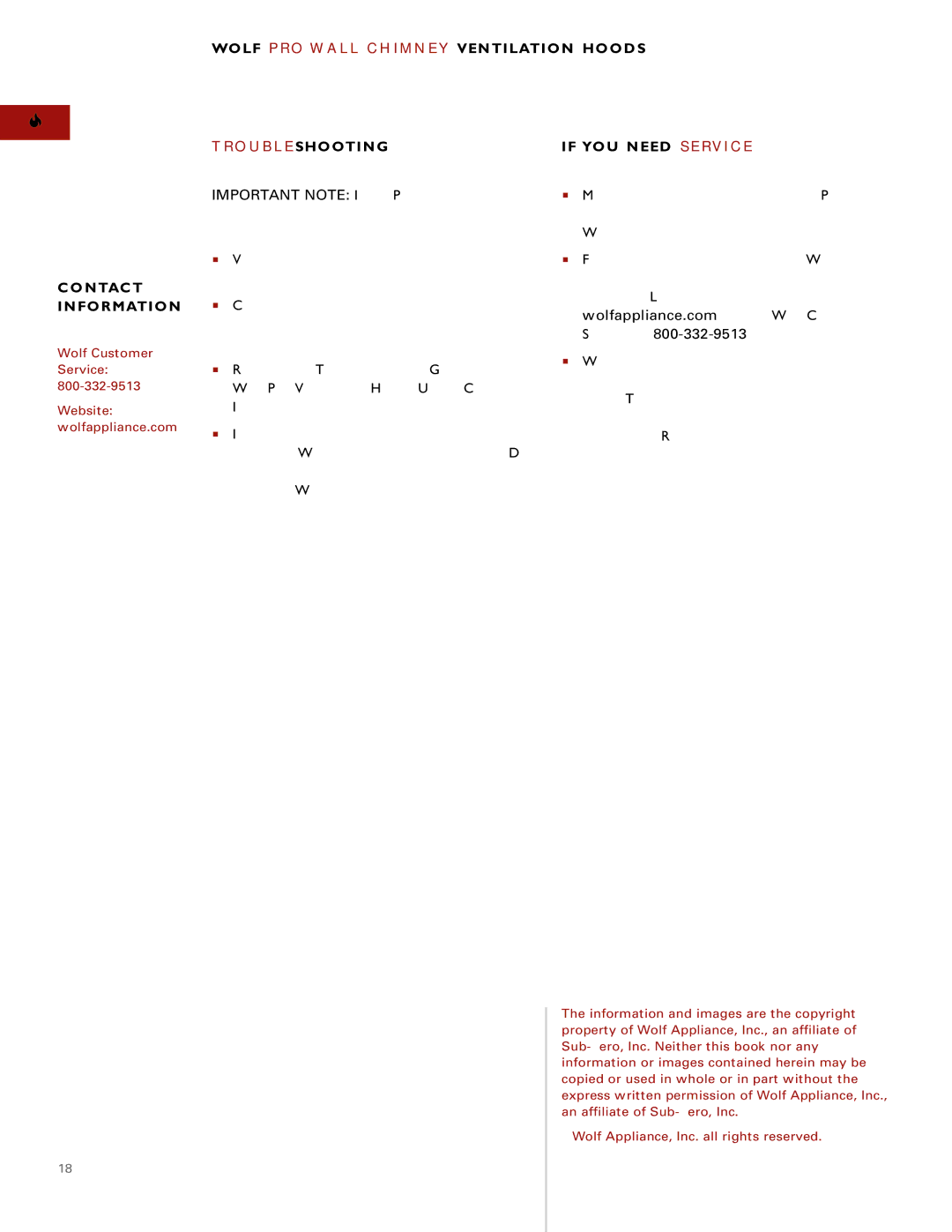 Wolf Pro Wall installation instructions Troubles H O OT I N G, YO U N E E D Service 