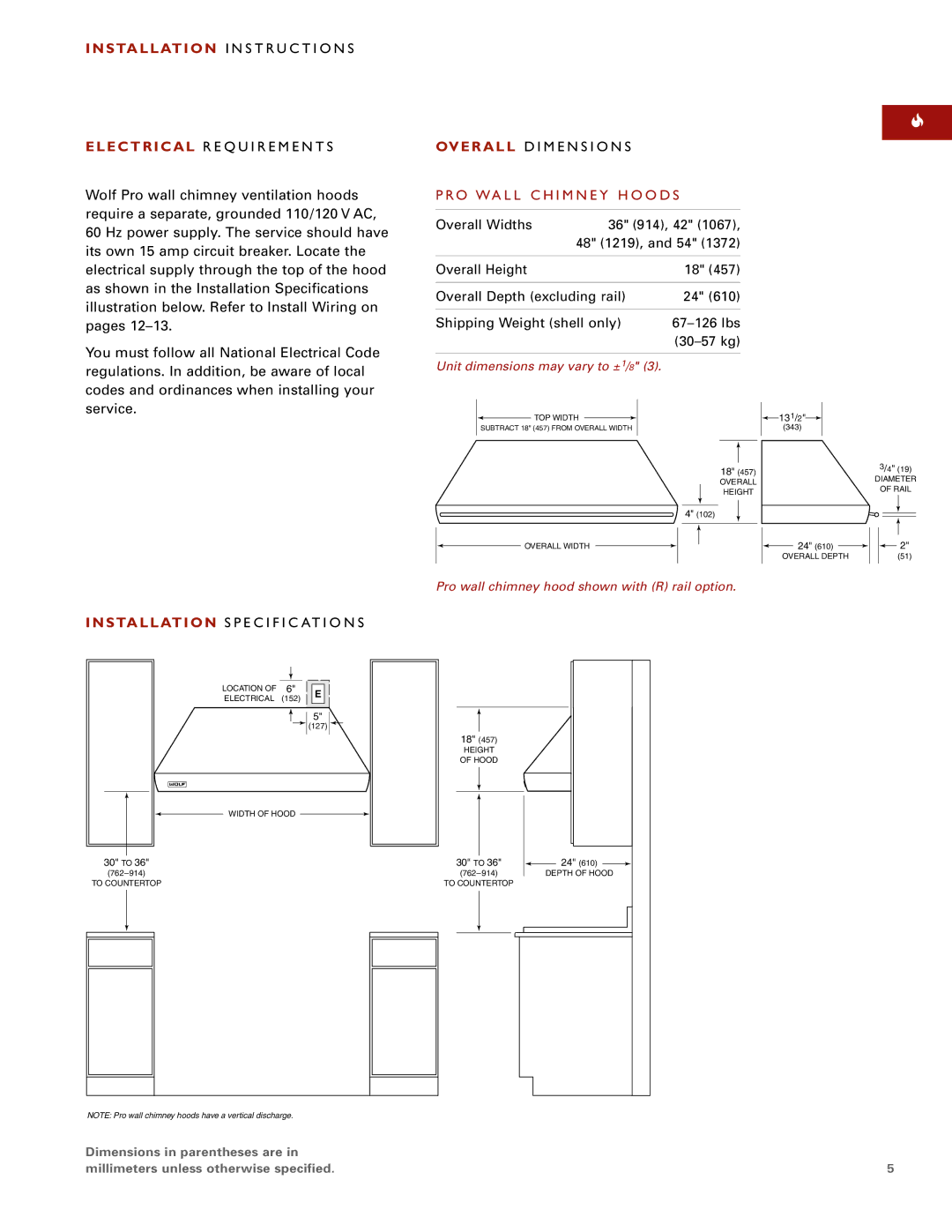 Wolf Pro Wall Overall D I M E N S I O N S, Ro Wa L L C H I M N E Y H O O D S, Installation S P E C I F I C AT I O N S 