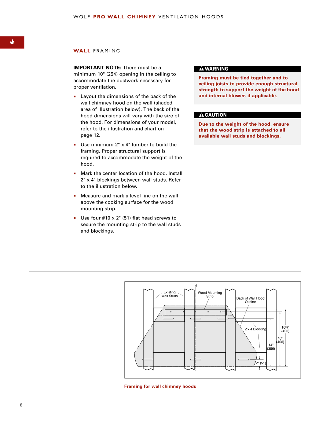 Wolf Pro Wall installation instructions Framing for wall chimney hoods 