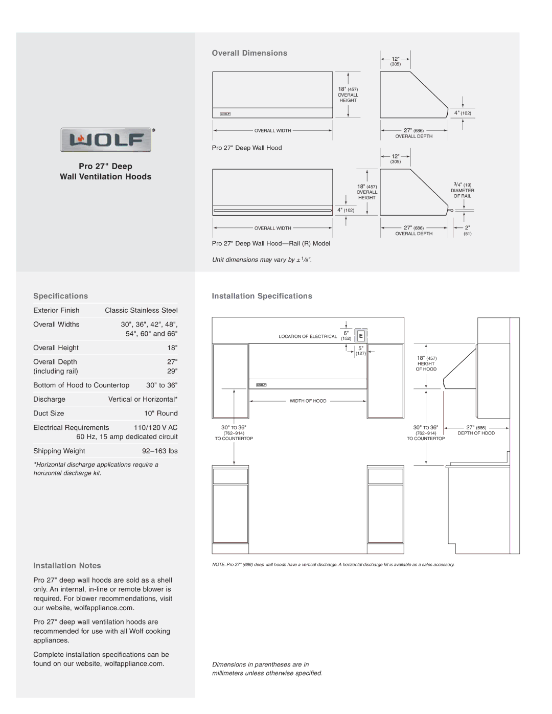 Wolf PW422718, PW662718, PW602718 manual Overall Dimensions, Specifications Installation Specifications, Installation Notes 