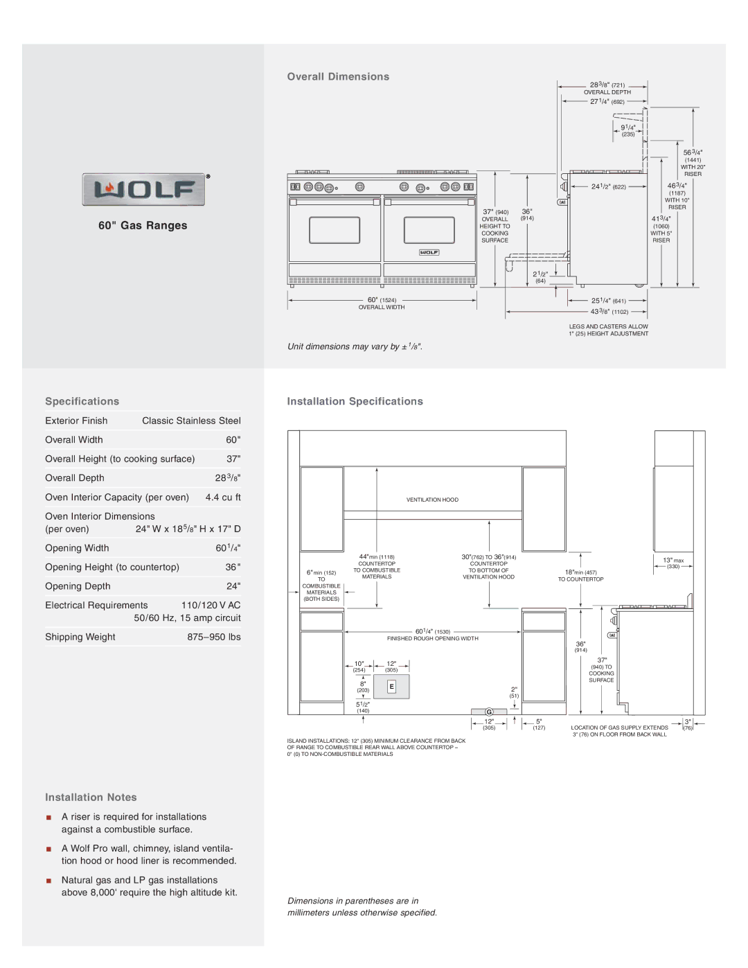 Wolf R606CG, R606DG, R606F manual Overall Dimensions, Installation Notes, Installation Specifications 