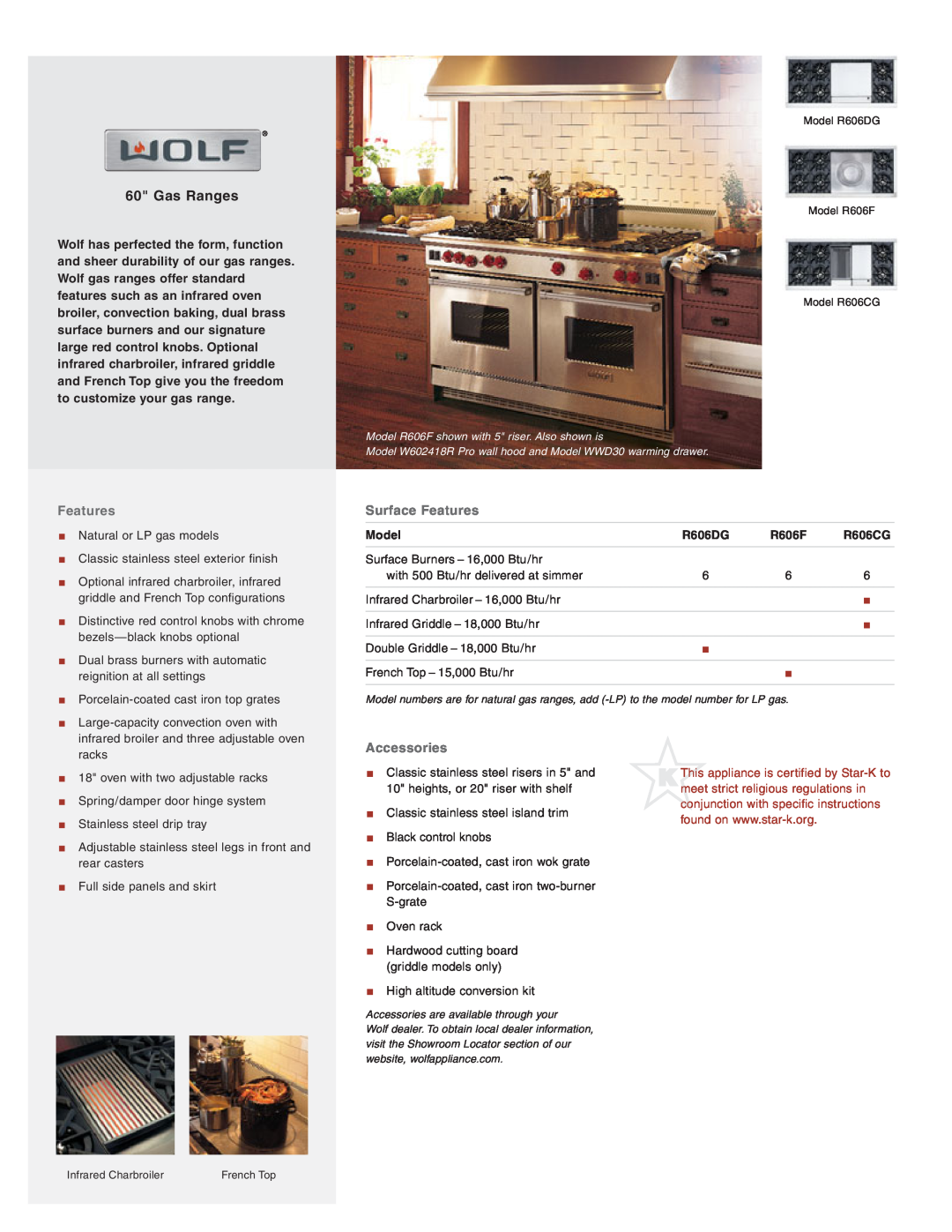 Wolf R606F manual Gas Ranges, Surface Features, Accessories, Model, R606DG, R606CG 