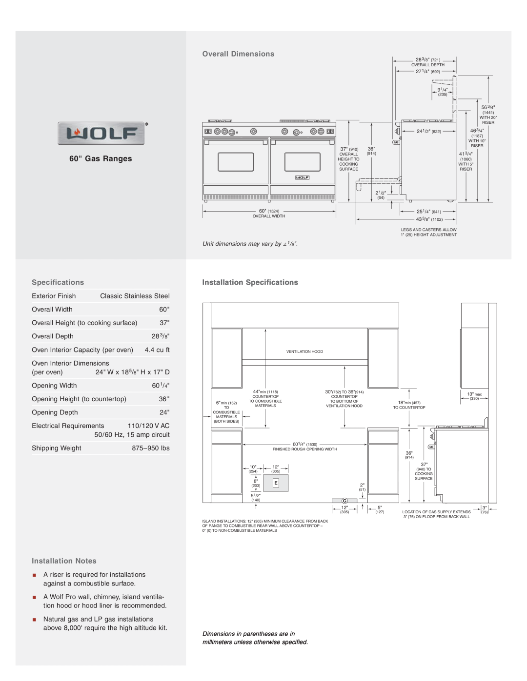 Wolf R606CG, R606DG, R606F manual Overall Dimensions, Installation Notes, Installation Specifications, Gas Ranges 