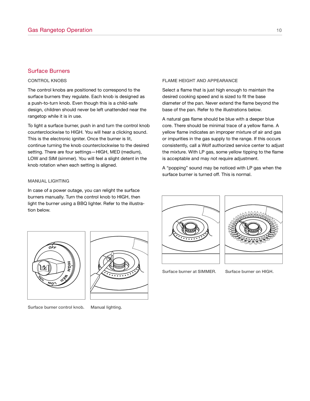 Wolf Range manual Control Knobs, Manual Lighting, Flame Height and Appearance 