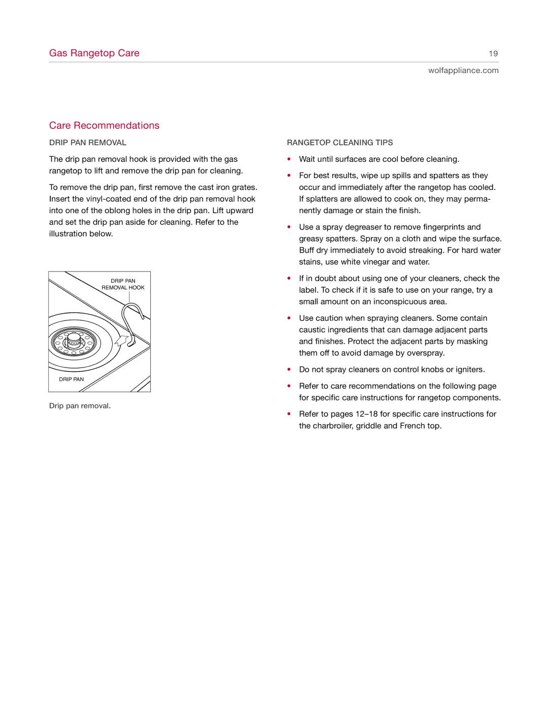 Wolf manual Gas Rangetop Care Care Recommendations, Drip PAN Removal, Rangetop Cleaning Tips 