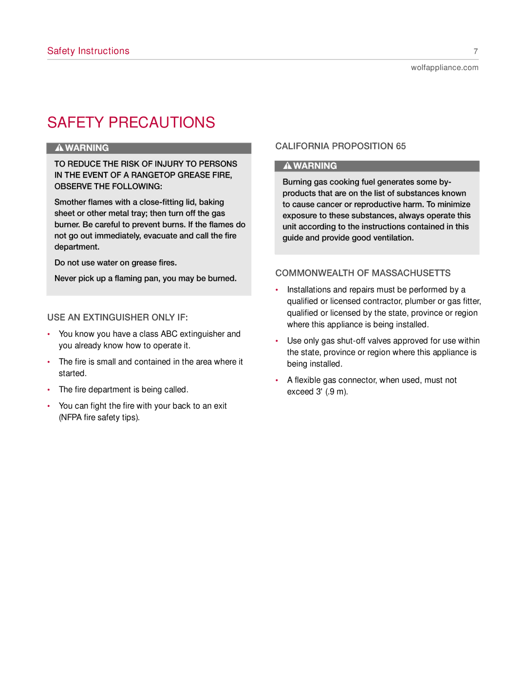 Wolf Range manual Safety Precautions 