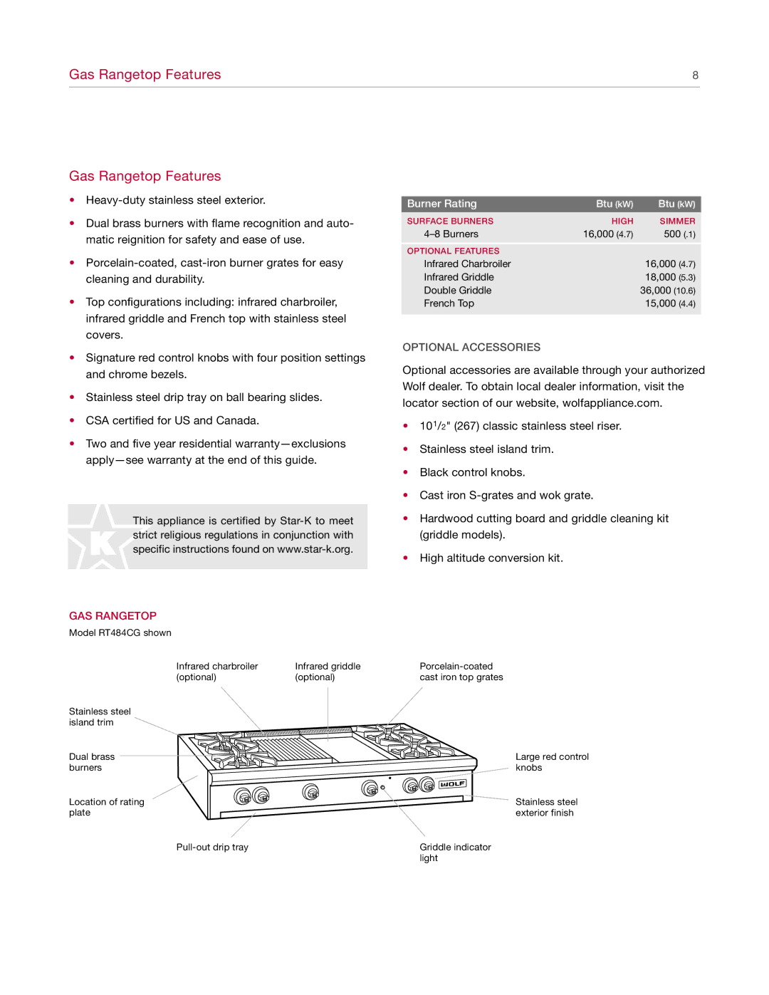 Wolf manual Gas Rangetop Features, Optional Accessories 