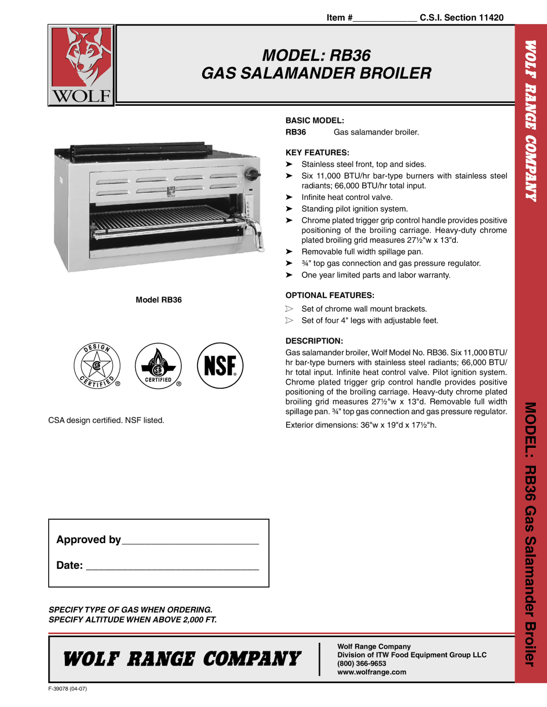 Wolf warranty Model RB36 GAS Salamander Broiler, Model RB36 Gas, Approved by Date 