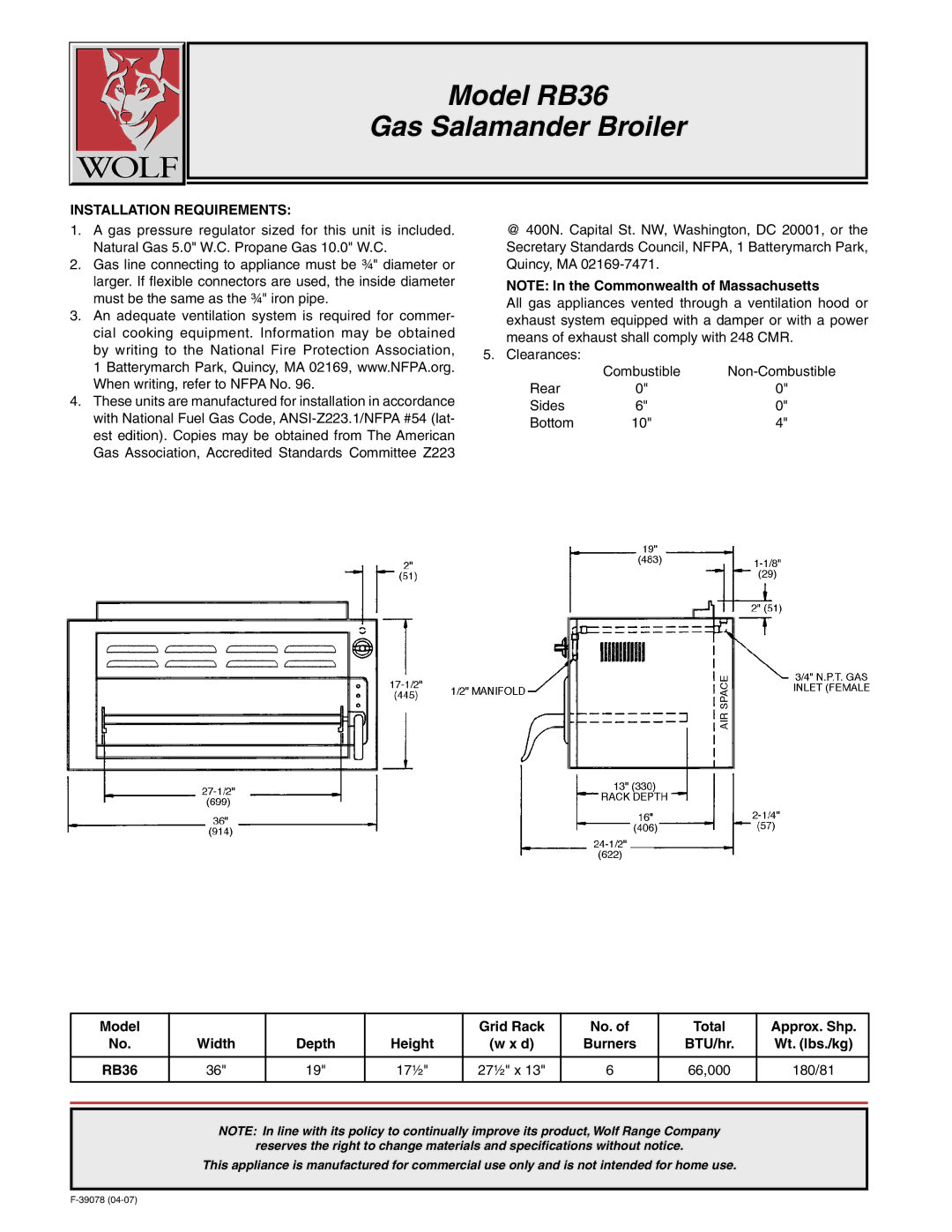 Wolf warranty Model RB36 Gas Salamander Broiler, Installation Requirements 