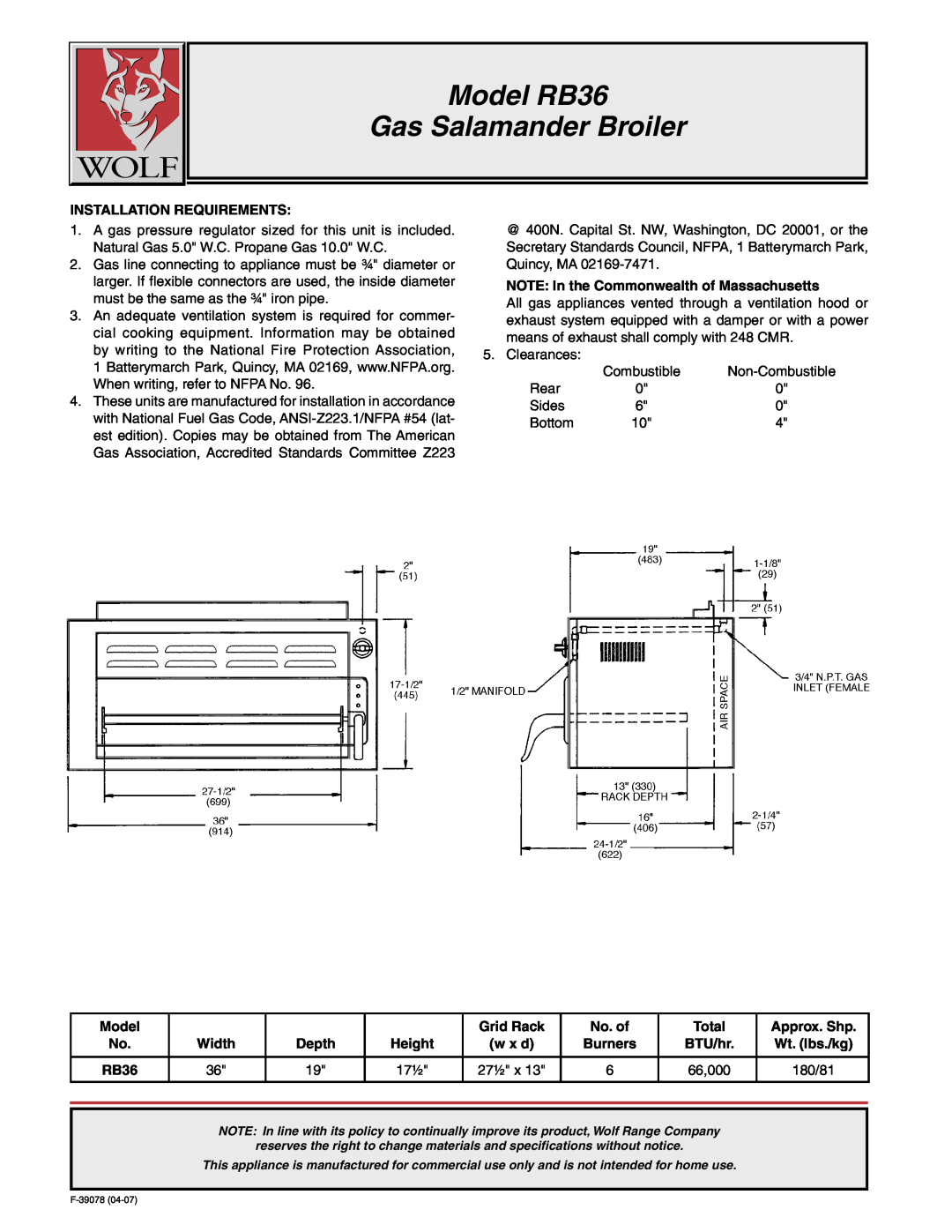 Wolf warranty Model RB36 Gas Salamander Broiler 