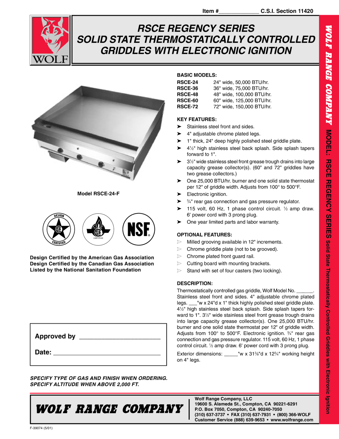 Wolf RSCE-24-F, RSCE-72, RSCE-36, RSCE-60, RSCE-48 warranty Basic Models, KEY Features, Optional Features, Description 