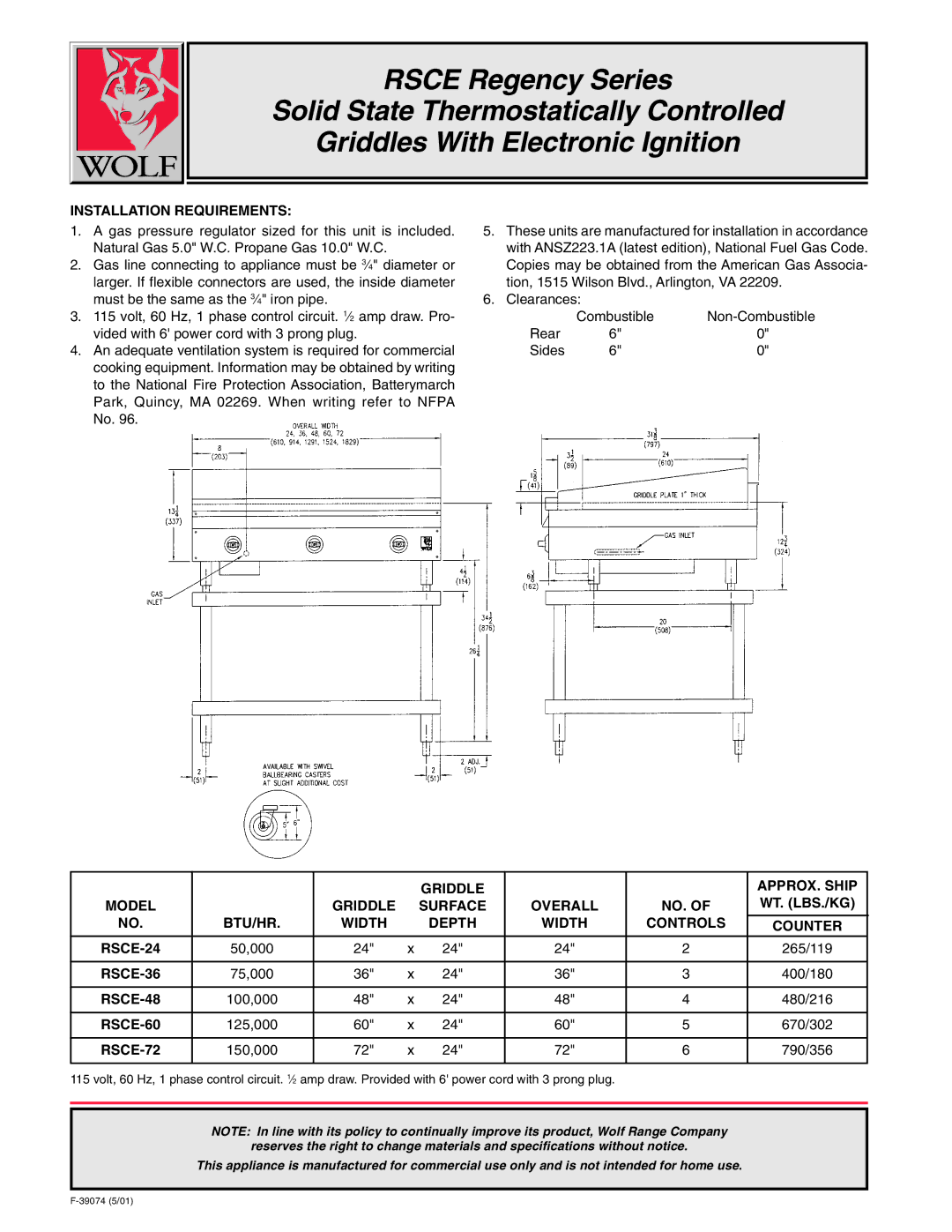 Wolf RSCE-72, RSCE-24-F warranty Installation Requirements, RSCE-36, RSCE-48, RSCE-60 