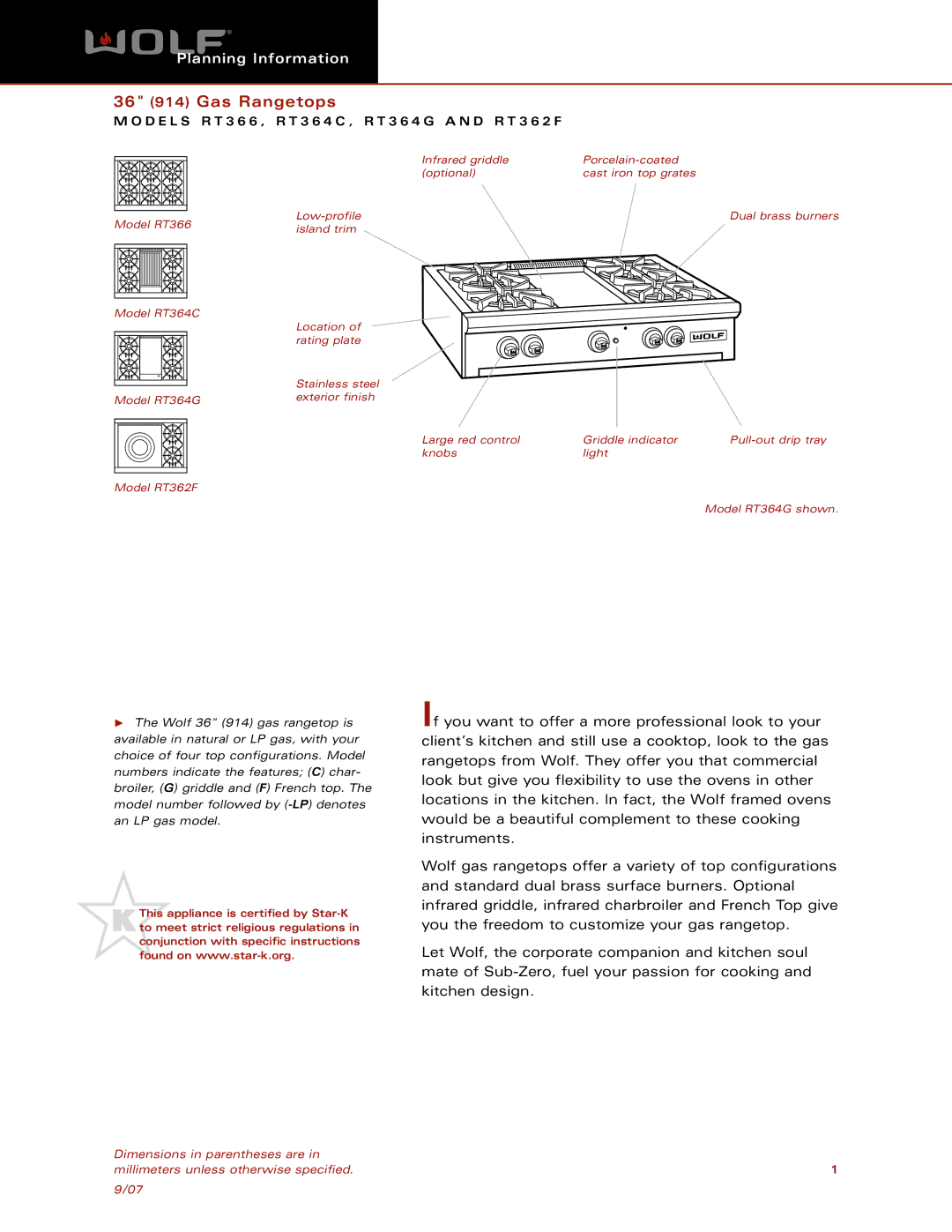 Wolf RT364G, RT366, RT364C, RT362F dimensions 36 914 Gas Rangetops 