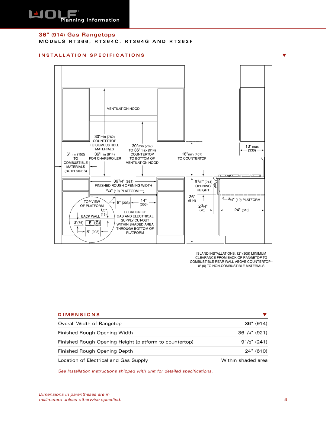 Wolf RT366, RT364G, RT364C, RT362F dimensions Installation Specification S, M E N S I O N S 