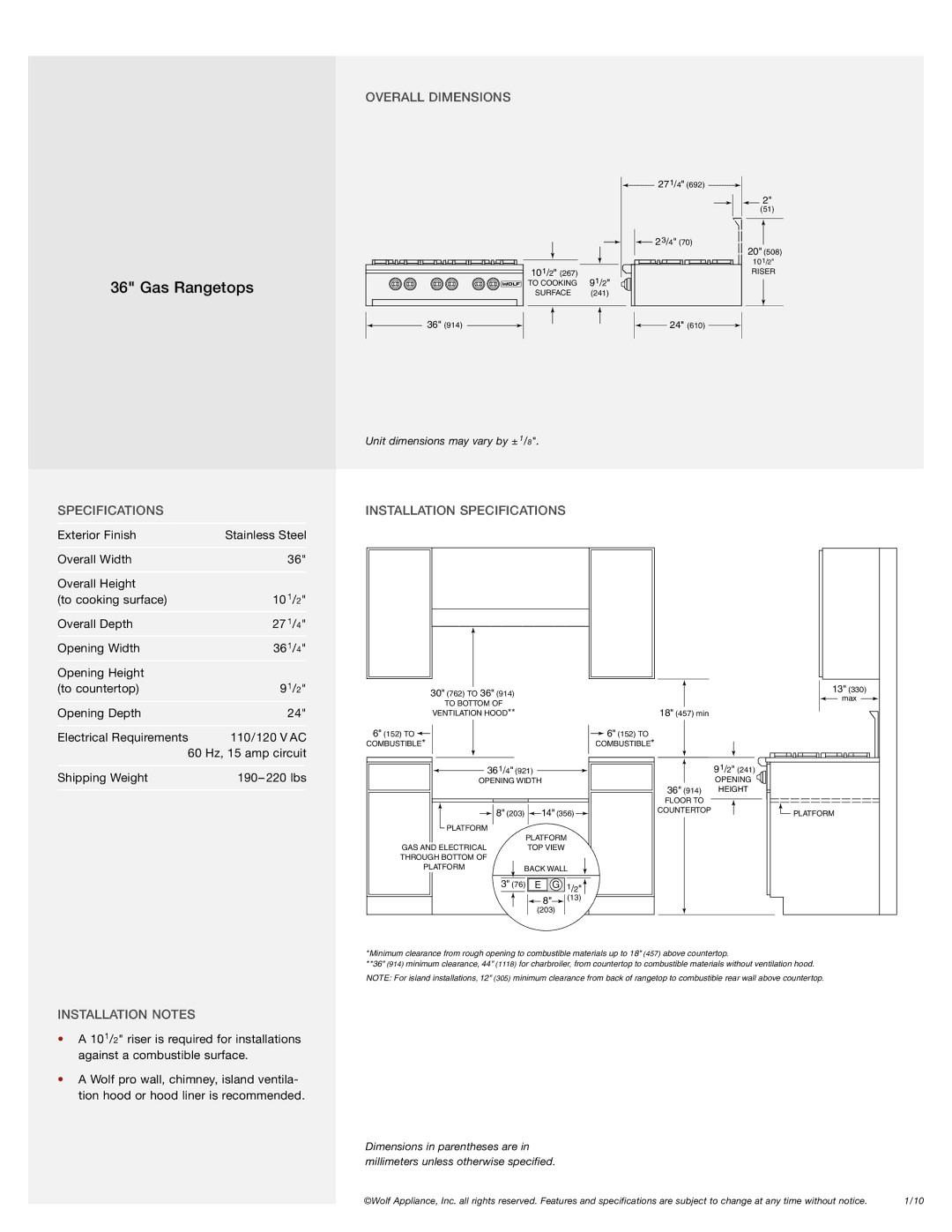 Wolf RT364C, RT366, RT364G manual Overall Dimensions, Installation Specifications, Installation Notes 