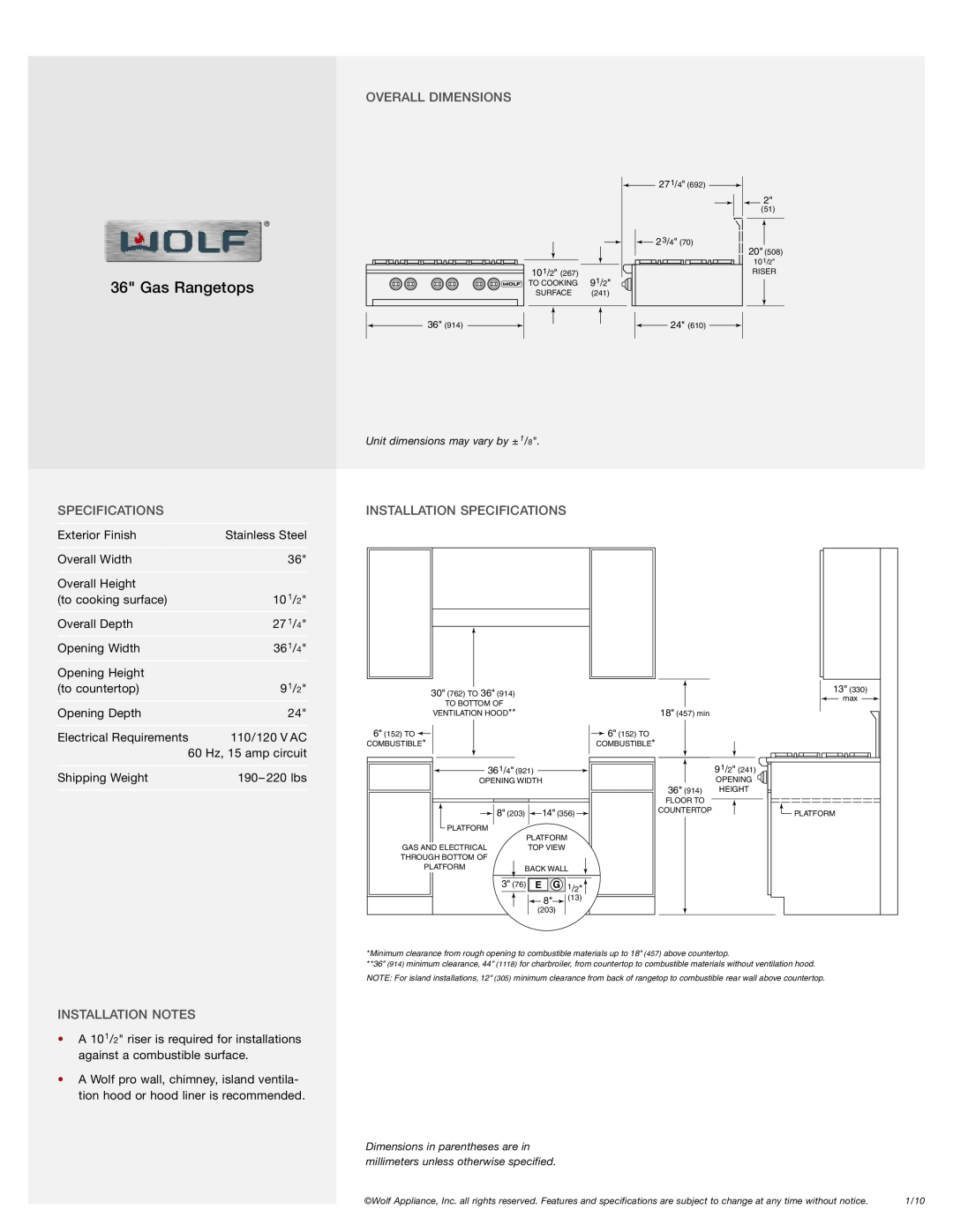 Wolf RT364C, RT366, RT364G manual Overall Dimensions, Installation Specifications, Installation Notes, Gas Rangetops 