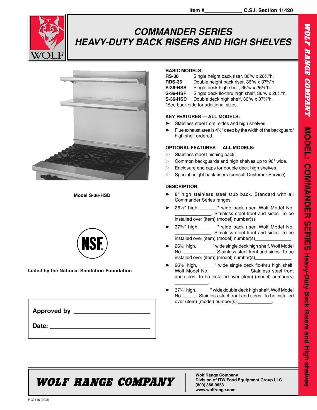 Wolf RS-36, S-36-HSF, S-36-HSS, S-36-HSD manual Commander Series HEAVY-DUTY Back Risers and High Shelves, Approved by, Date 